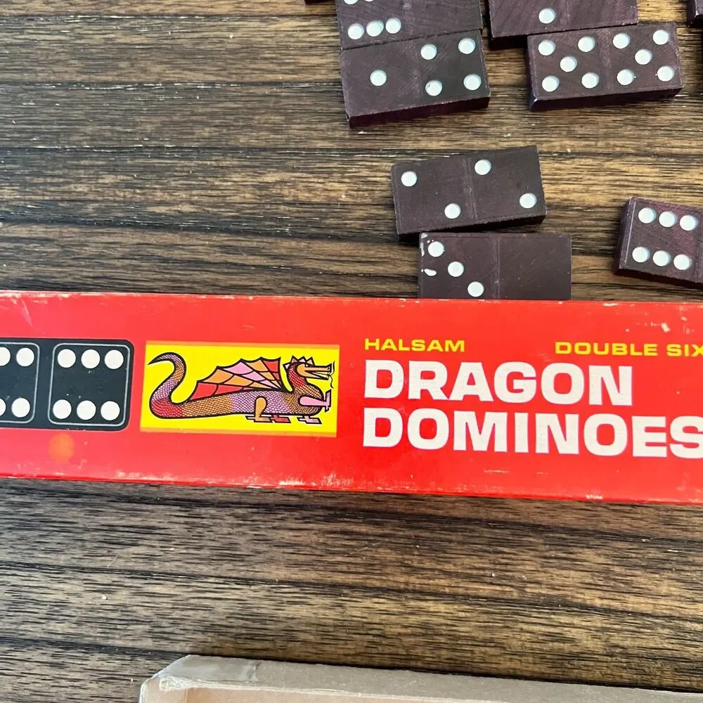 Vintage HALSAM Double Six DRAGON DOMINOES Wooden 25 Pieces In Box missing 3